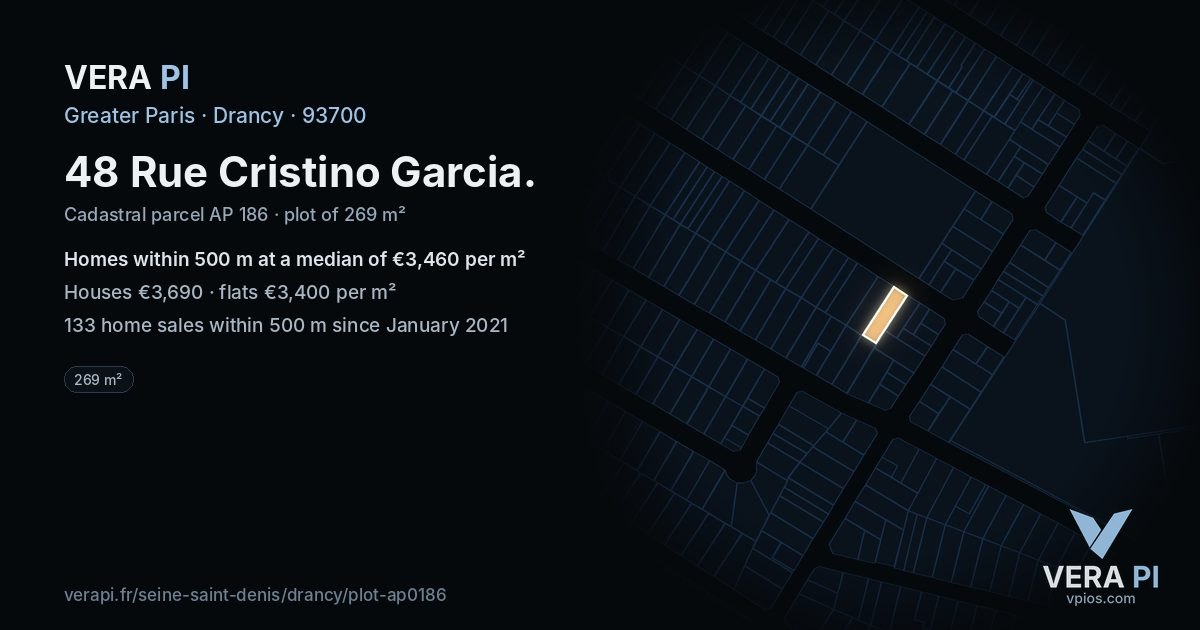 48 Rue Cristino Garcia, Drancy at night – the plot lit, the parcels around coloured by the prices near them