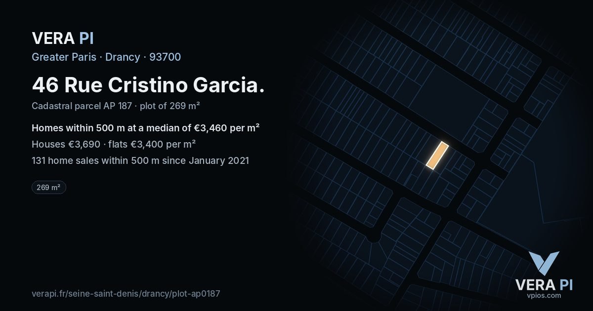 46 Rue Cristino Garcia, Drancy at night – the plot lit, the parcels around coloured by the prices near them