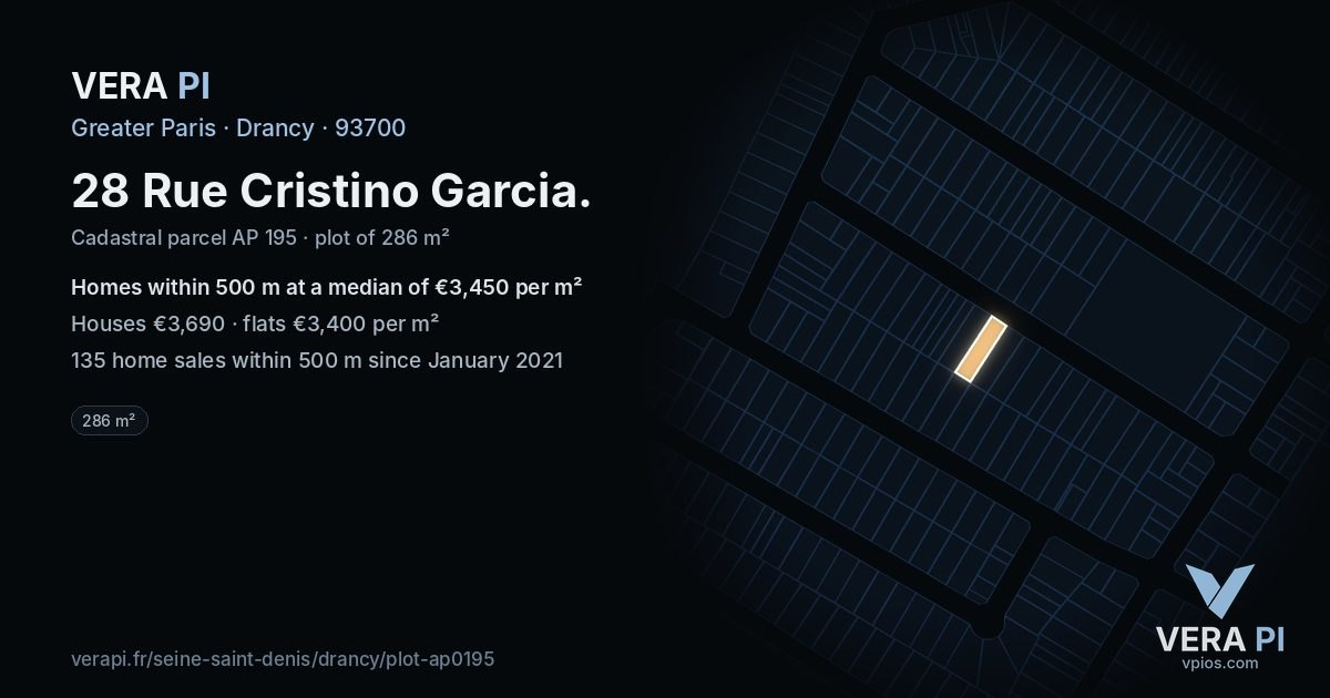 28 Rue Cristino Garcia, Drancy at night – the plot lit, the parcels around coloured by the prices near them