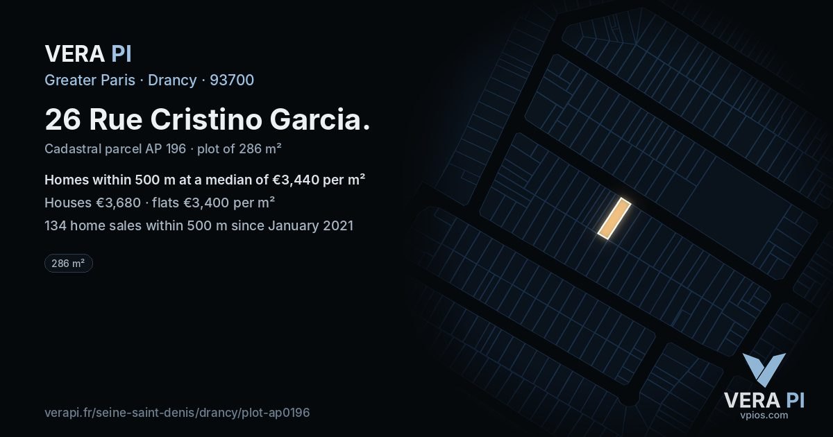 26 Rue Cristino Garcia, Drancy at night – the plot lit, the parcels around coloured by the prices near them