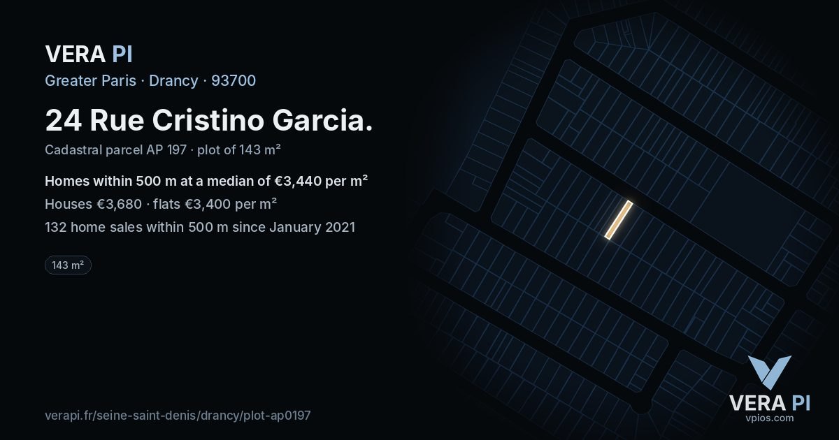 24 Rue Cristino Garcia, Drancy at night – the plot lit, the parcels around coloured by the prices near them