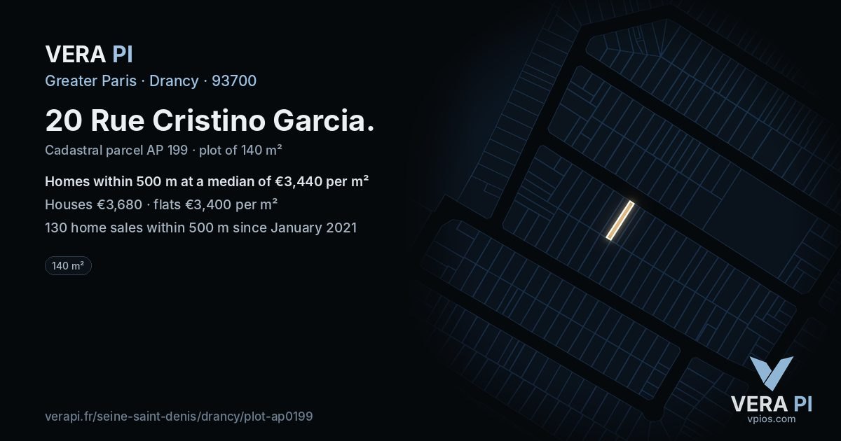 20 Rue Cristino Garcia, Drancy at night – the plot lit, the parcels around coloured by the prices near them
