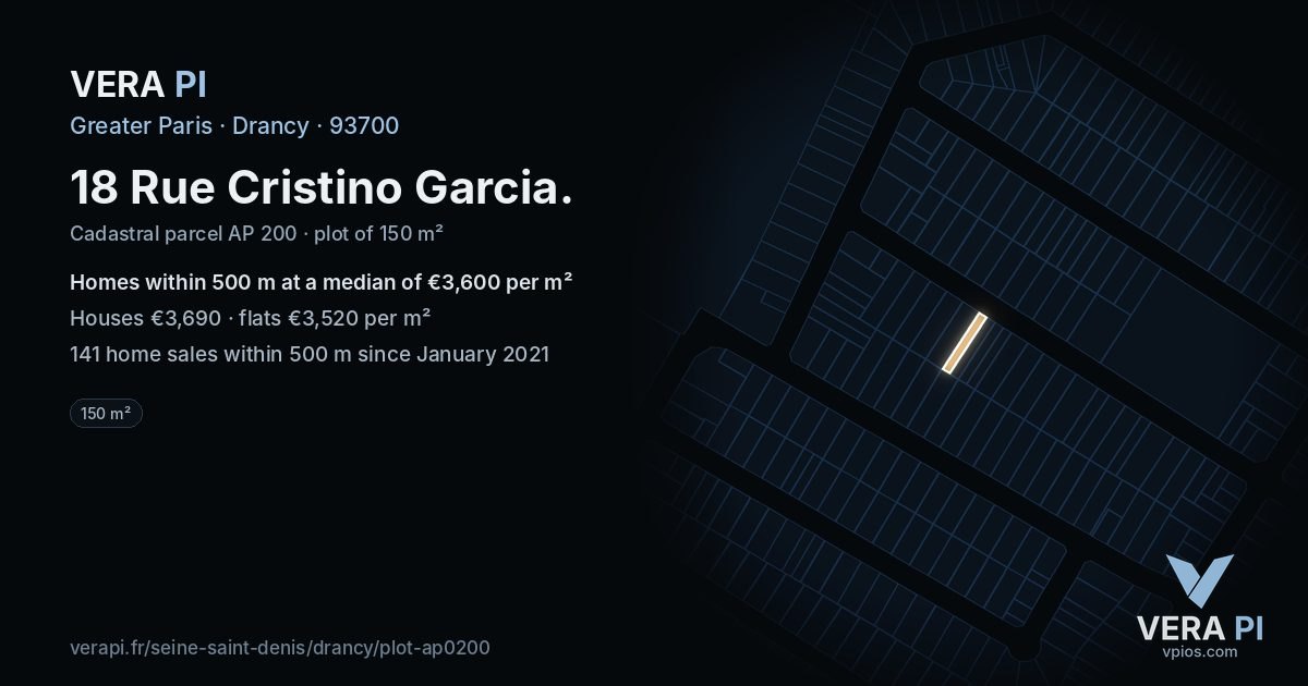18 Rue Cristino Garcia, Drancy at night – the plot lit, the parcels around coloured by the prices near them
