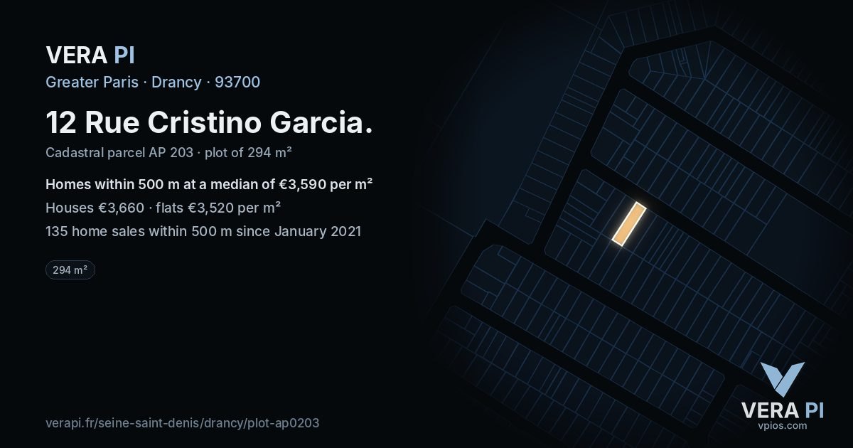 12 Rue Cristino Garcia, Drancy at night – the plot lit, the parcels around coloured by the prices near them