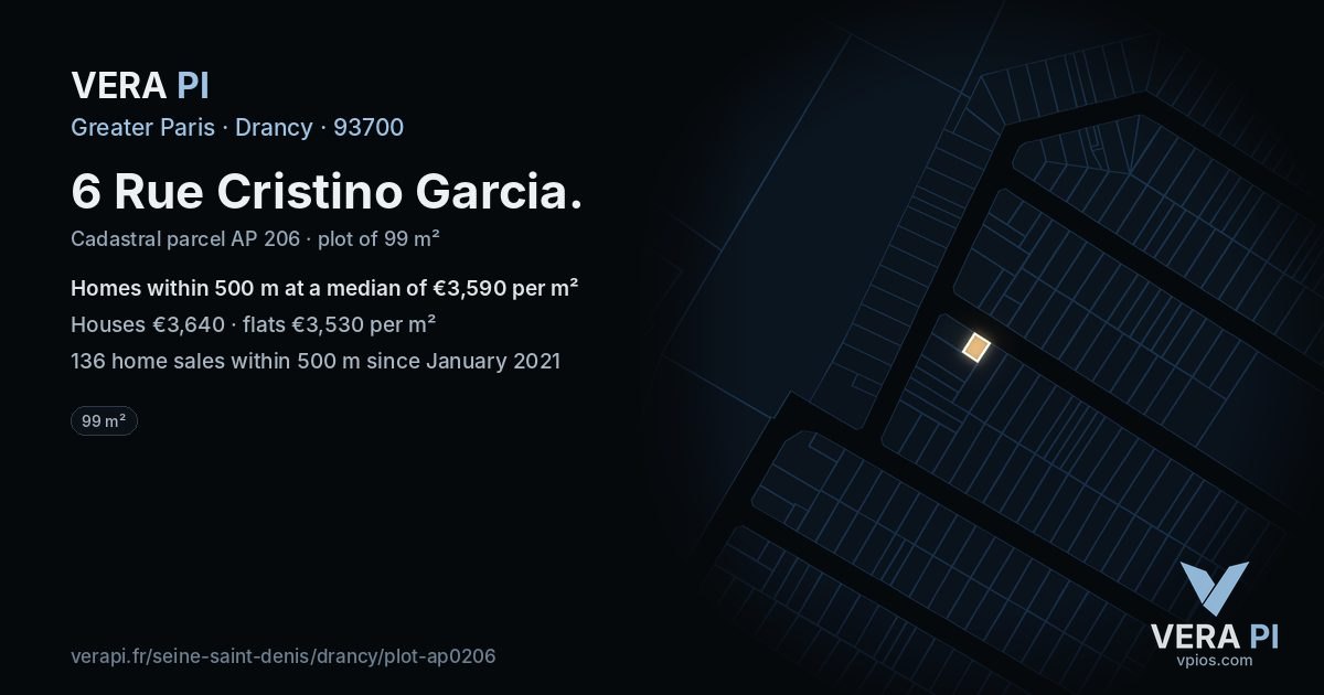 6 Rue Cristino Garcia, Drancy at night – the plot lit, the parcels around coloured by the prices near them