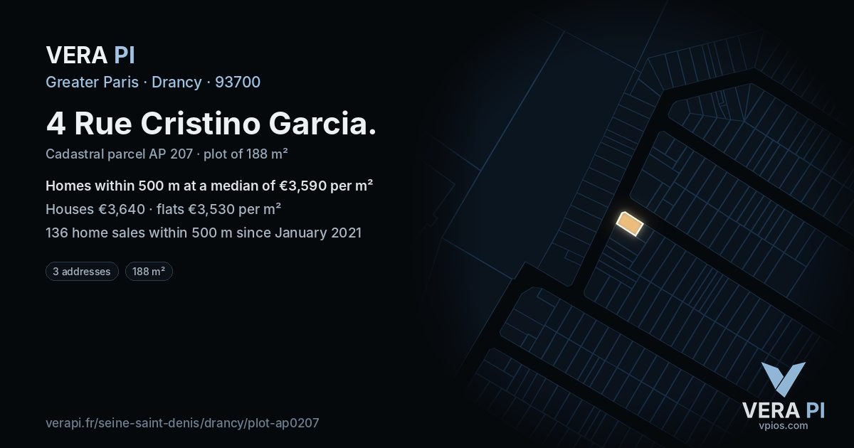 4 Rue Cristino Garcia, Drancy at night – the plot lit, the parcels around coloured by the prices near them