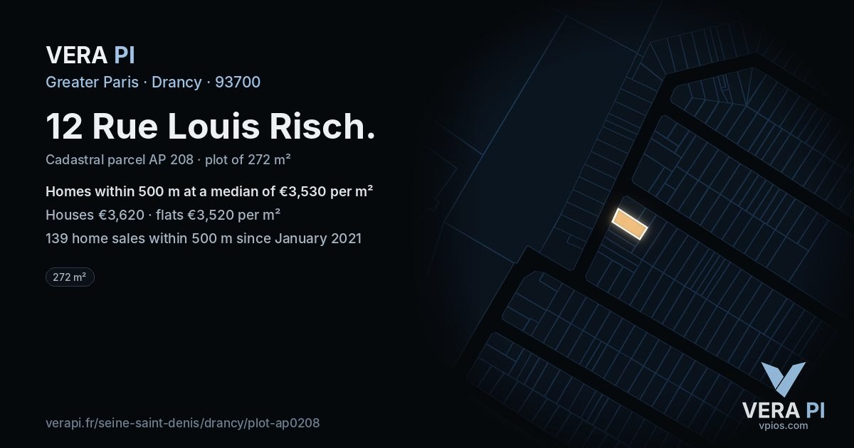 12 Rue Louis Risch, Drancy at night – the plot lit, the parcels around coloured by the prices near them