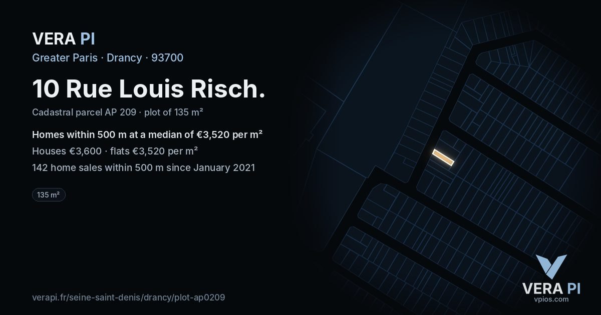 10 Rue Louis Risch, Drancy at night – the plot lit, the parcels around coloured by the prices near them