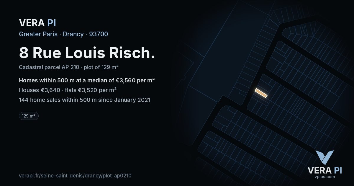 8 Rue Louis Risch, Drancy at night – the plot lit, the parcels around coloured by the prices near them