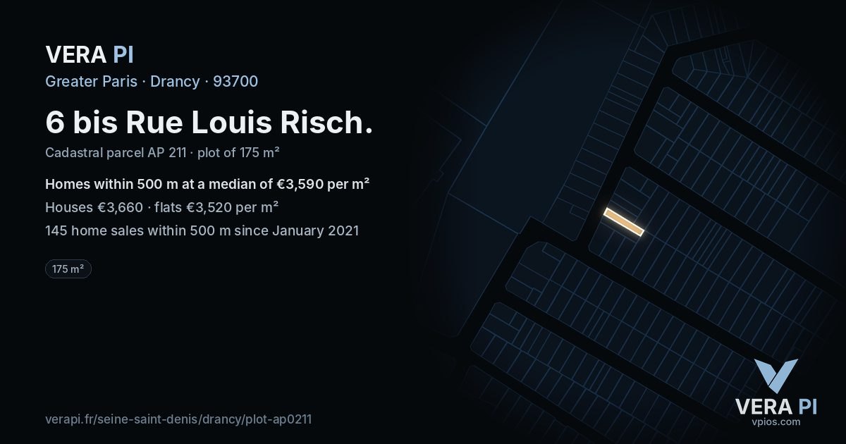 6 bis Rue Louis Risch, Drancy at night – the plot lit, the parcels around coloured by the prices near them