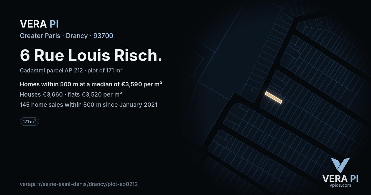 6 Rue Louis Risch, Drancy at night – the plot lit, the parcels around coloured by the prices near them