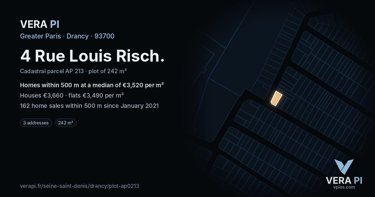 4 Rue Louis Risch, Drancy at night – the plot lit, the parcels around coloured by the prices near them
