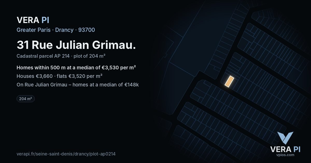 31 Rue Julian Grimau, Drancy at night – the plot lit, the parcels around coloured by the prices near them