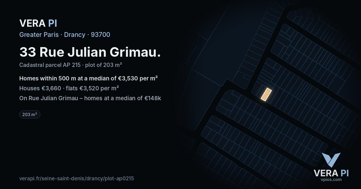 33 Rue Julian Grimau, Drancy at night – the plot lit, the parcels around coloured by the prices near them
