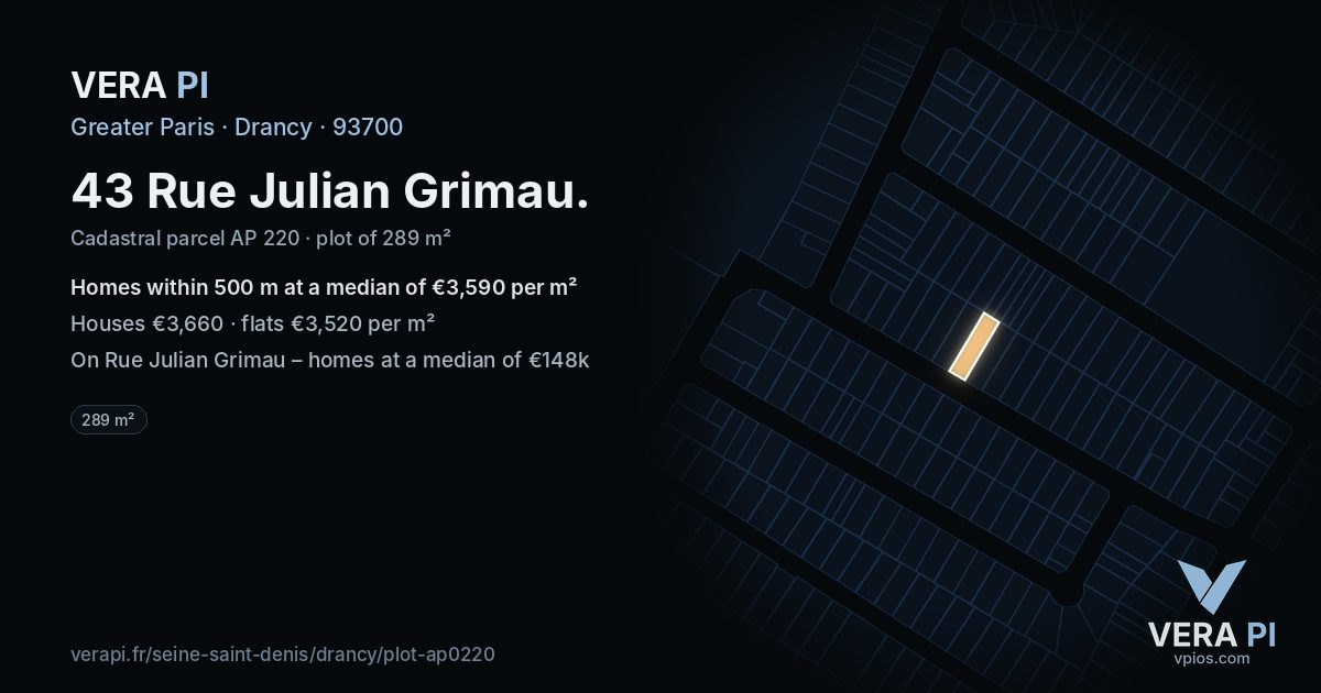 43 Rue Julian Grimau, Drancy at night – the plot lit, the parcels around coloured by the prices near them