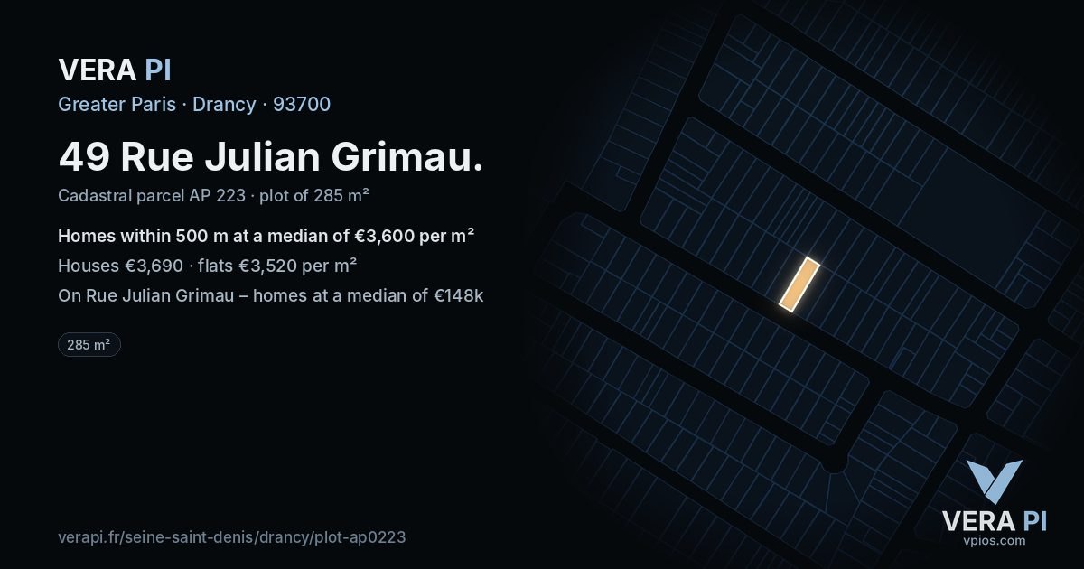 49 Rue Julian Grimau, Drancy at night – the plot lit, the parcels around coloured by the prices near them