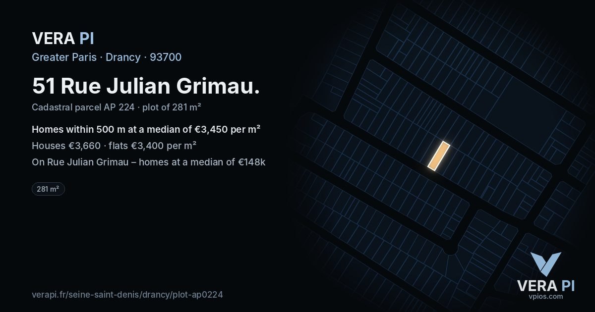 51 Rue Julian Grimau, Drancy at night – the plot lit, the parcels around coloured by the prices near them
