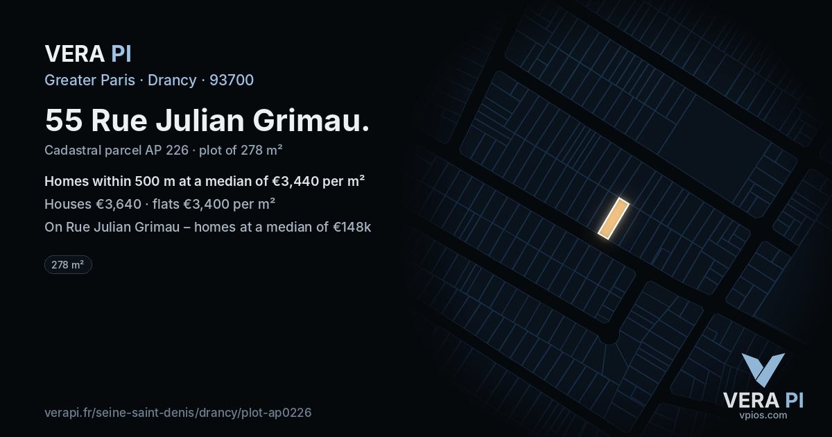55 Rue Julian Grimau, Drancy at night – the plot lit, the parcels around coloured by the prices near them