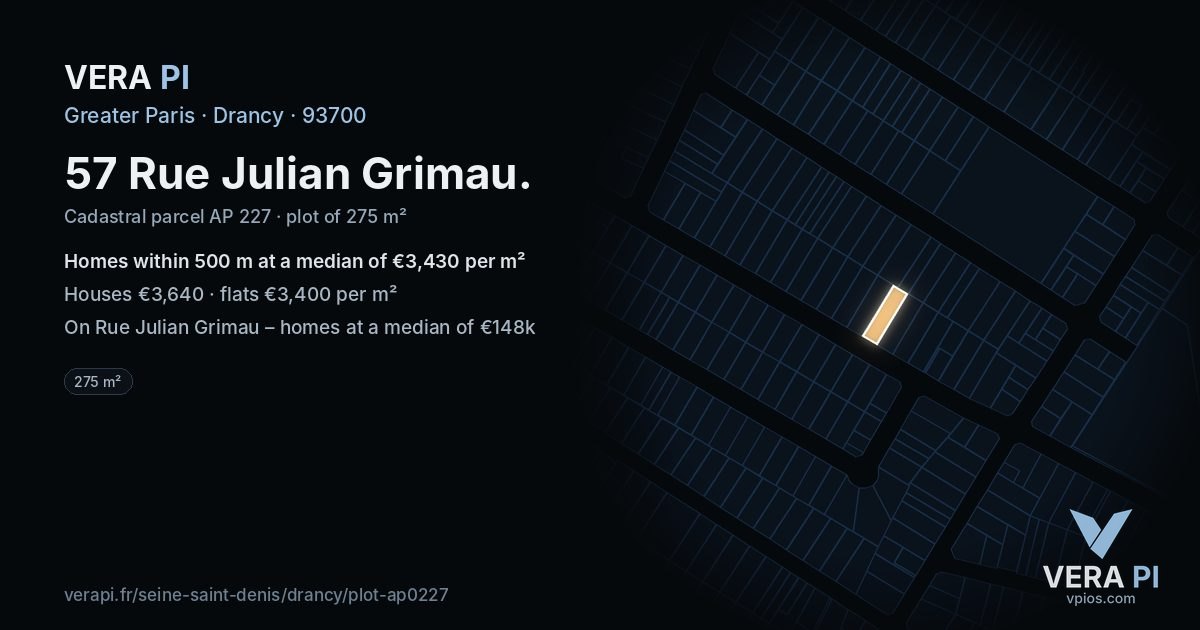 57 Rue Julian Grimau, Drancy at night – the plot lit, the parcels around coloured by the prices near them