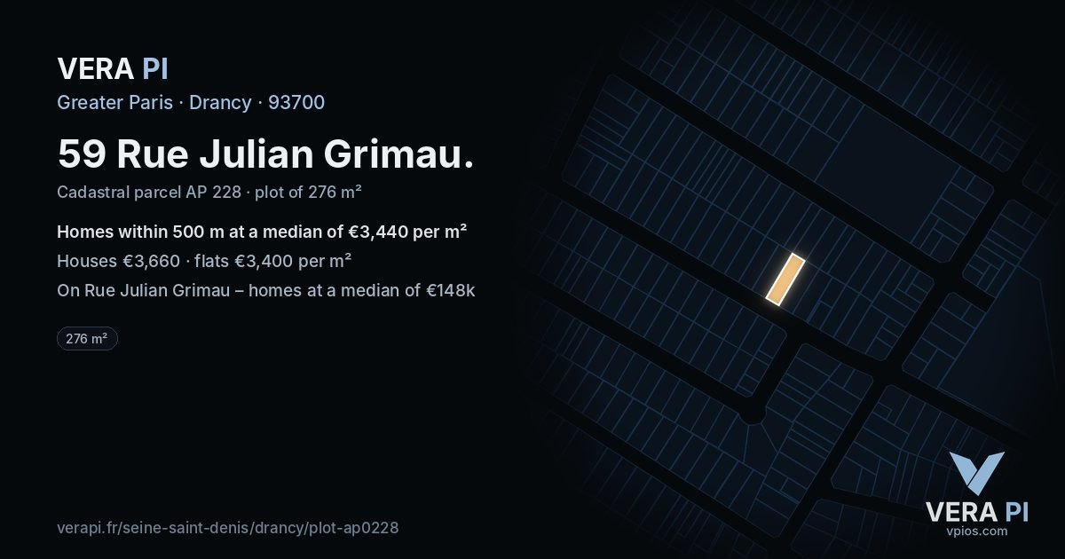 59 Rue Julian Grimau, Drancy at night – the plot lit, the parcels around coloured by the prices near them
