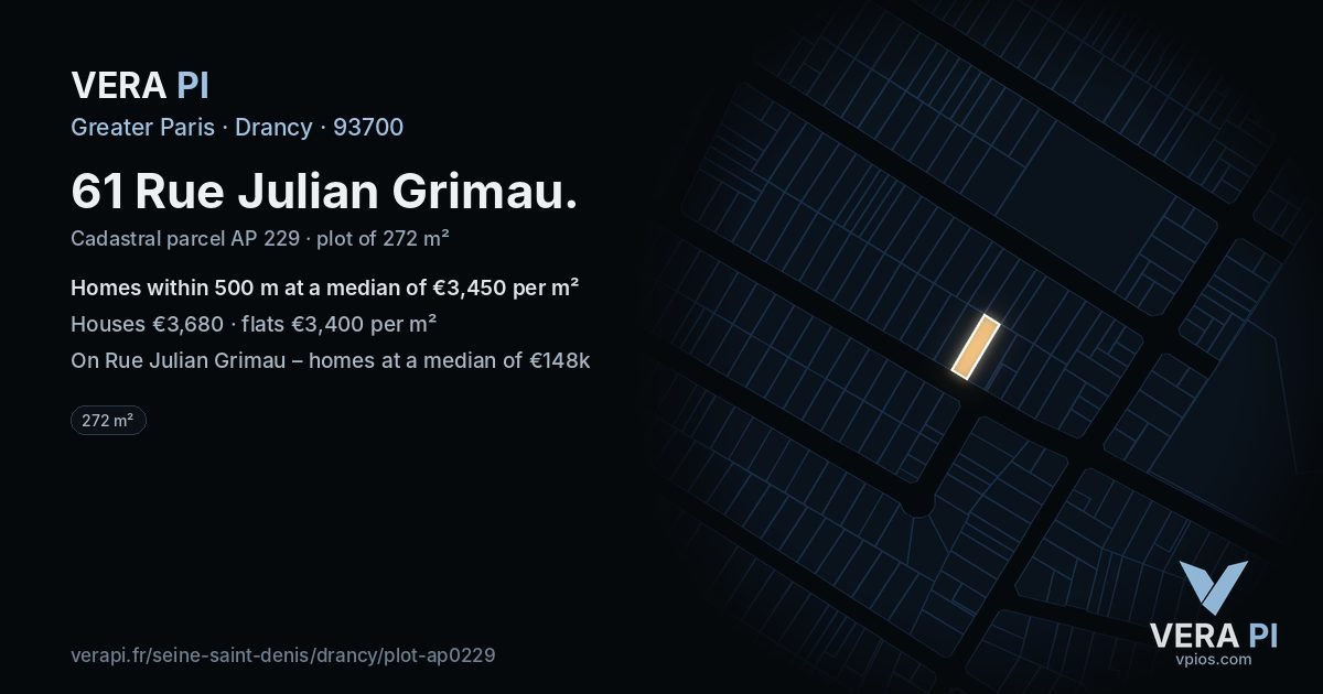 61 Rue Julian Grimau, Drancy at night – the plot lit, the parcels around coloured by the prices near them