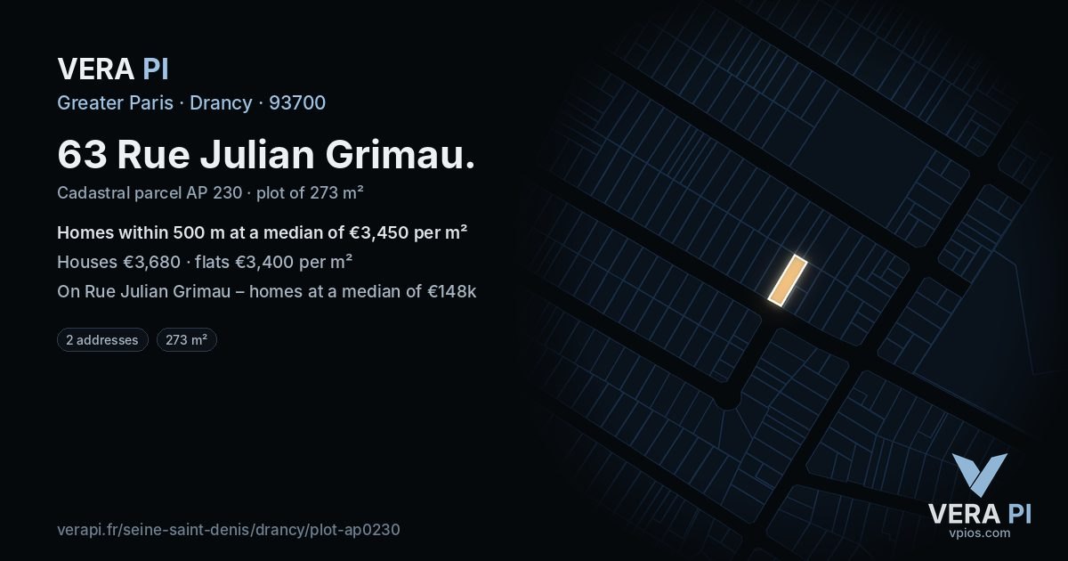 63 Rue Julian Grimau, Drancy at night – the plot lit, the parcels around coloured by the prices near them