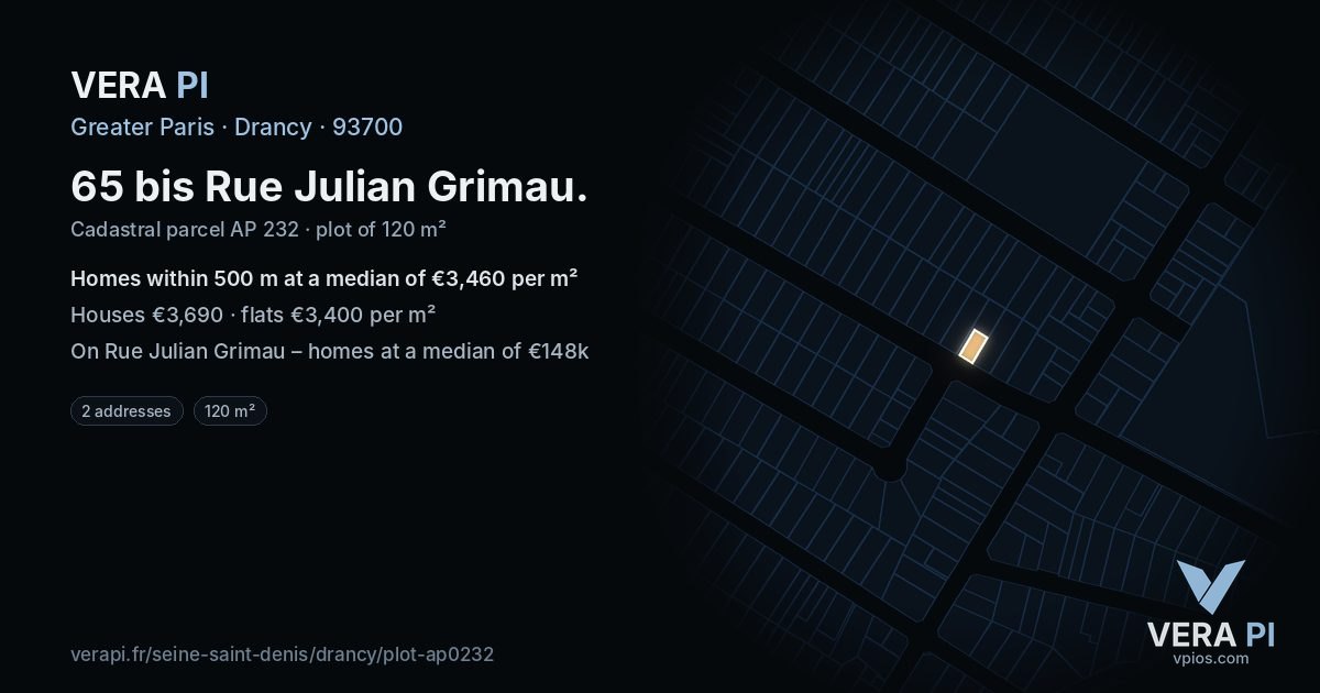 65 bis Rue Julian Grimau, Drancy at night – the plot lit, the parcels around coloured by the prices near them