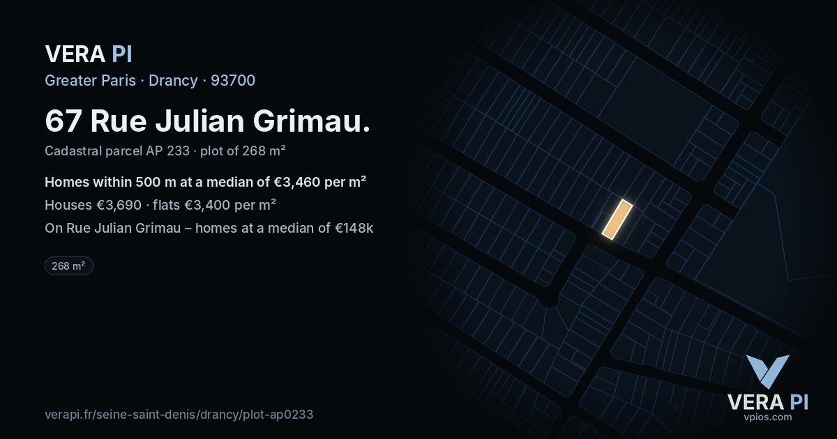 67 Rue Julian Grimau, Drancy at night – the plot lit, the parcels around coloured by the prices near them