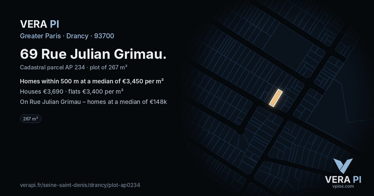 69 Rue Julian Grimau, Drancy at night – the plot lit, the parcels around coloured by the prices near them