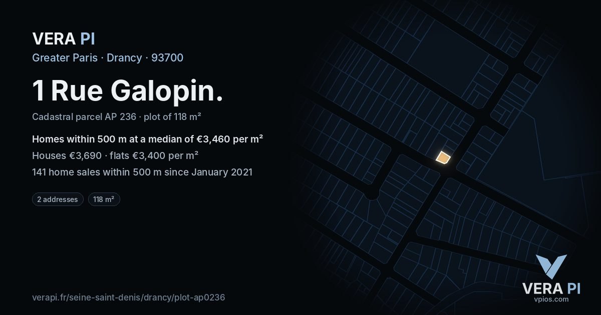 1 Rue Galopin, Drancy at night – the plot lit, the parcels around coloured by the prices near them