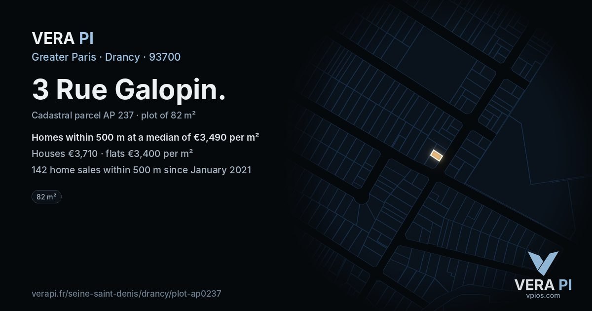 3 Rue Galopin, Drancy at night – the plot lit, the parcels around coloured by the prices near them