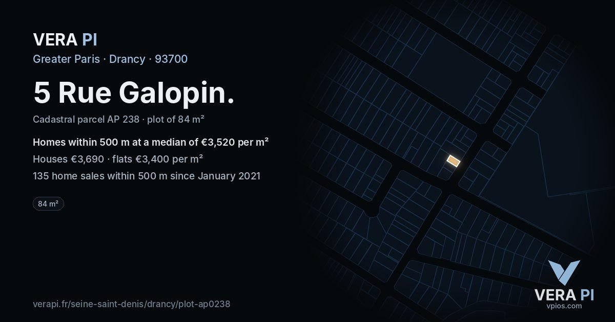 5 Rue Galopin, Drancy at night – the plot lit, the parcels around coloured by the prices near them