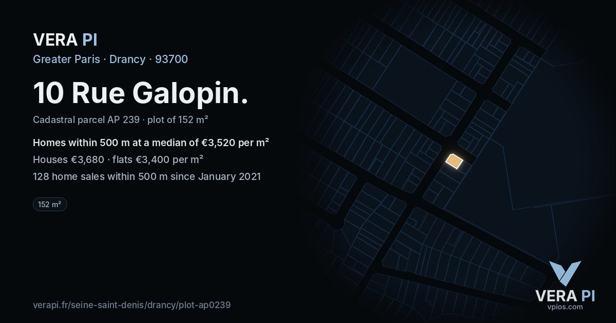 10 Rue Galopin, Drancy at night – the plot lit, the parcels around coloured by the prices near them