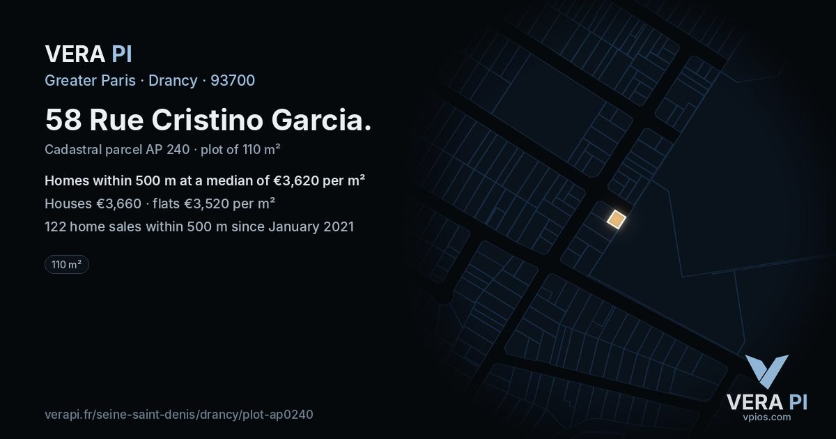 58 Rue Cristino Garcia, Drancy at night – the plot lit, the parcels around coloured by the prices near them