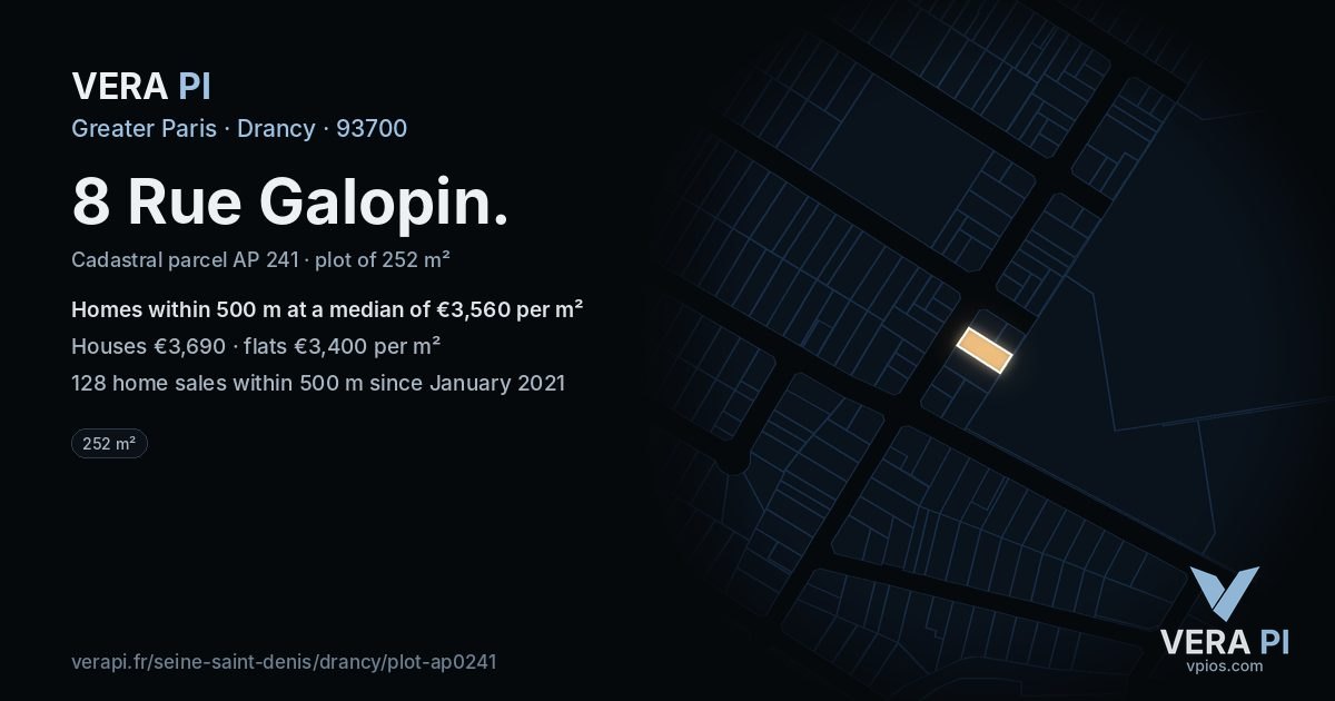 8 Rue Galopin, Drancy at night – the plot lit, the parcels around coloured by the prices near them