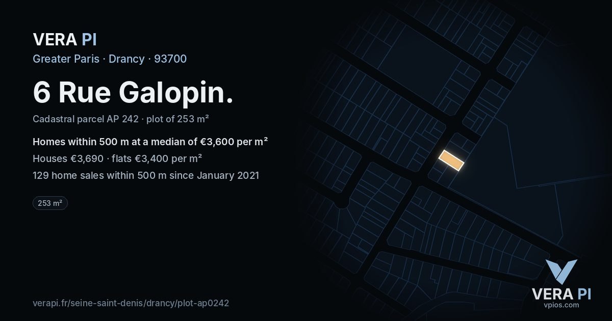 6 Rue Galopin, Drancy at night – the plot lit, the parcels around coloured by the prices near them