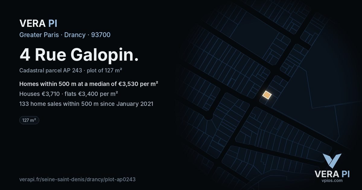 4 Rue Galopin, Drancy at night – the plot lit, the parcels around coloured by the prices near them