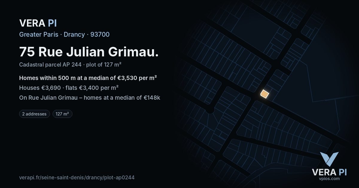 75 Rue Julian Grimau, Drancy at night – the plot lit, the parcels around coloured by the prices near them