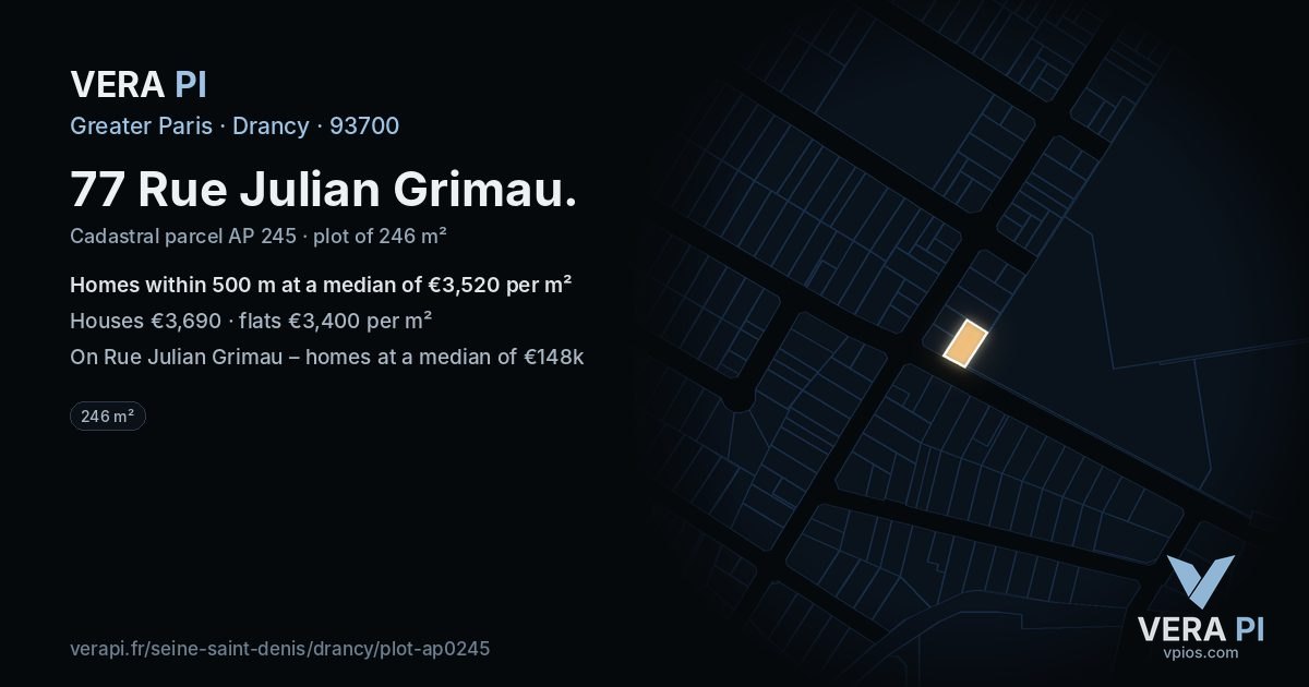77 Rue Julian Grimau, Drancy at night – the plot lit, the parcels around coloured by the prices near them