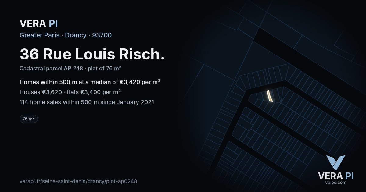 36 Rue Louis Risch, Drancy at night – the plot lit, the parcels around coloured by the prices near them