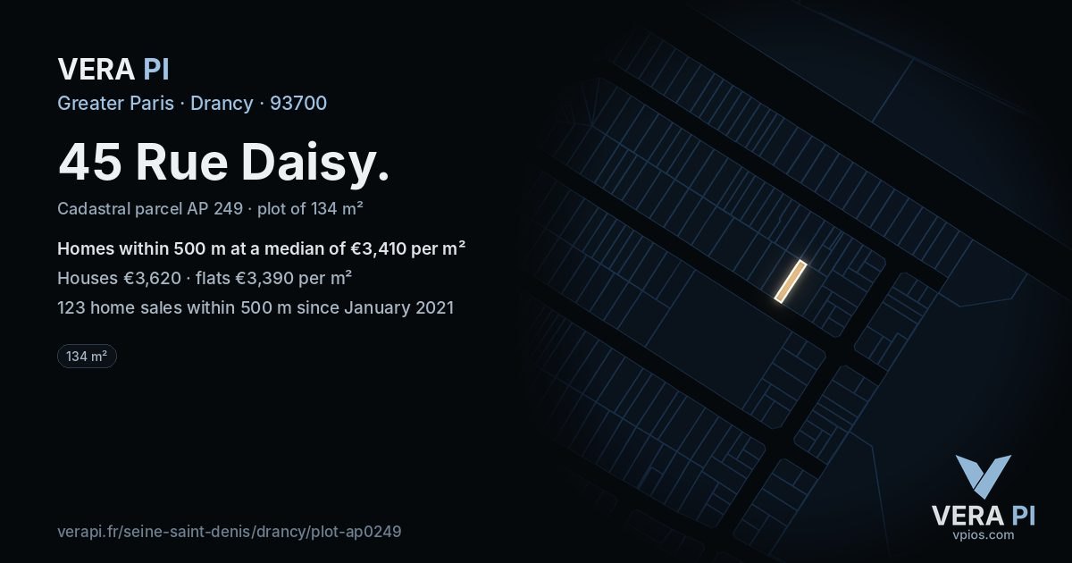 45 Rue Daisy, Drancy at night – the plot lit, the parcels around coloured by the prices near them