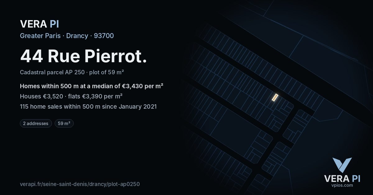 44 Rue Pierrot, Drancy at night – the plot lit, the parcels around coloured by the prices near them