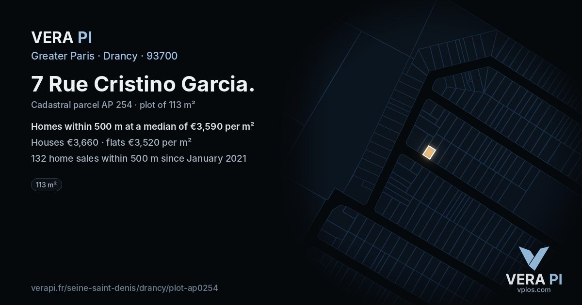 7 Rue Cristino Garcia, Drancy at night – the plot lit, the parcels around coloured by the prices near them