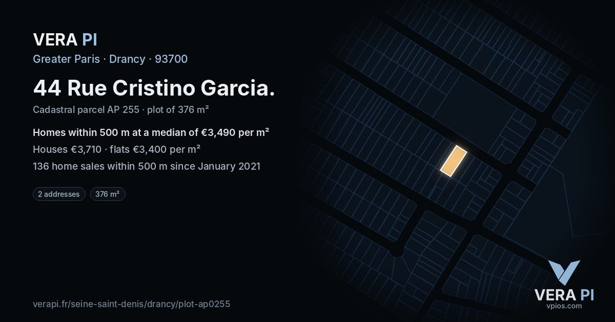 44 Rue Cristino Garcia, Drancy at night – the plot lit, the parcels around coloured by the prices near them