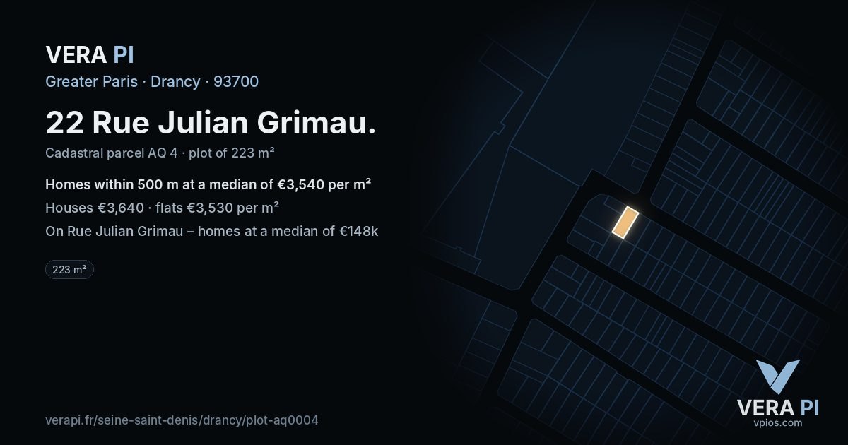22 Rue Julian Grimau, Drancy at night – the plot lit, the parcels around coloured by the prices near them