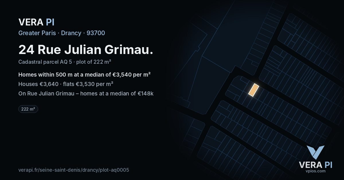 24 Rue Julian Grimau, Drancy at night – the plot lit, the parcels around coloured by the prices near them