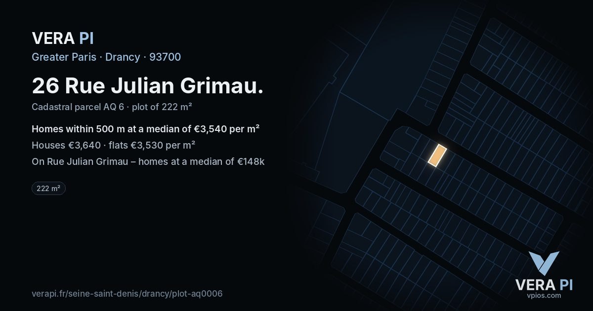 26 Rue Julian Grimau, Drancy at night – the plot lit, the parcels around coloured by the prices near them