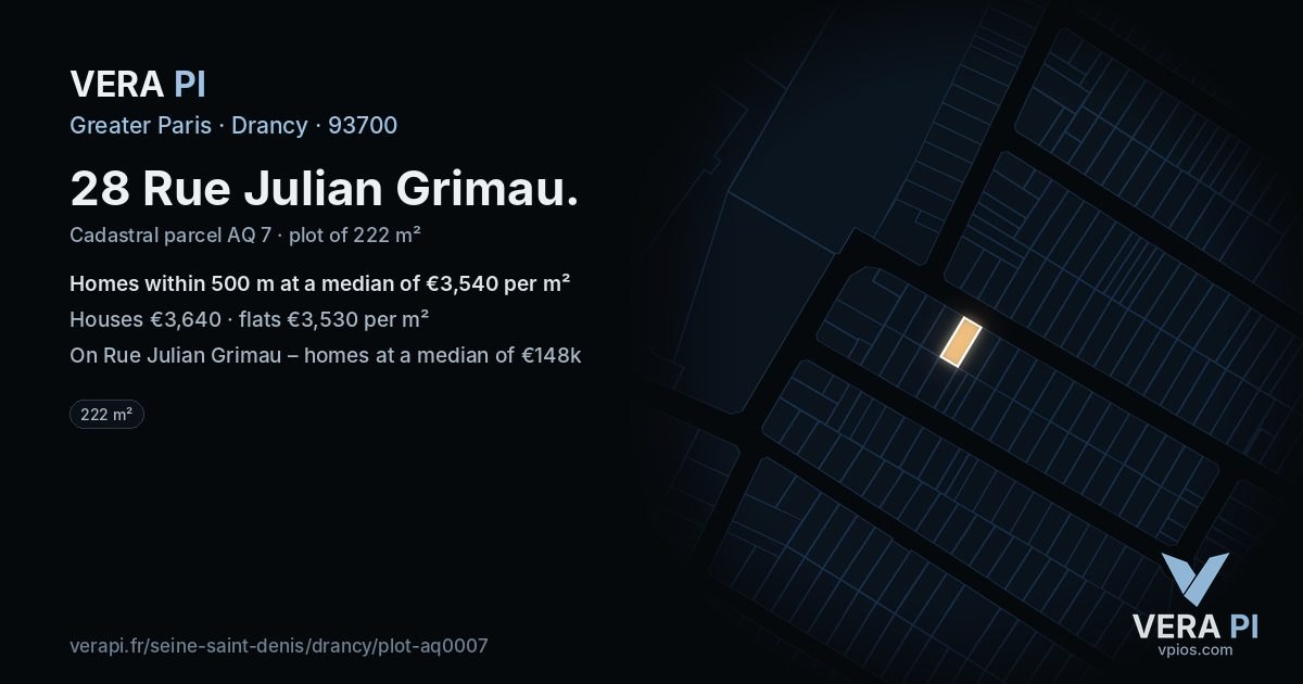 28 Rue Julian Grimau, Drancy at night – the plot lit, the parcels around coloured by the prices near them