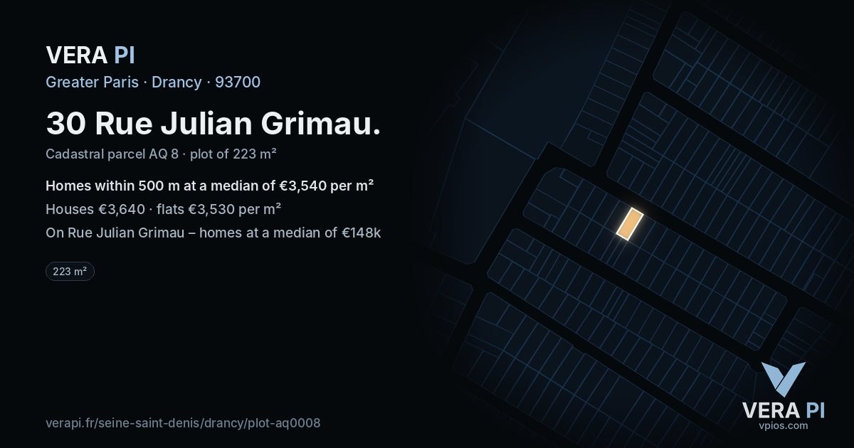 30 Rue Julian Grimau, Drancy at night – the plot lit, the parcels around coloured by the prices near them