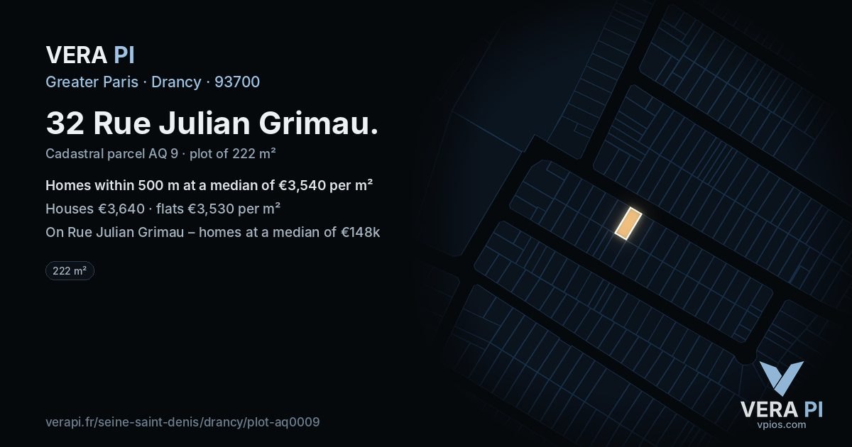32 Rue Julian Grimau, Drancy at night – the plot lit, the parcels around coloured by the prices near them